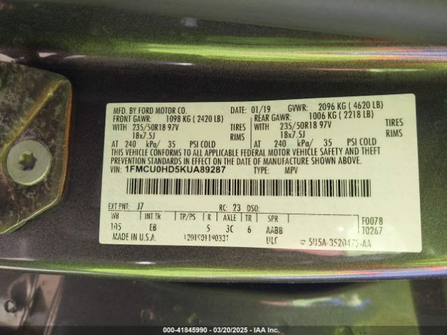 1FMCU0HD5KUA89287 Ford ESCAPE SEL