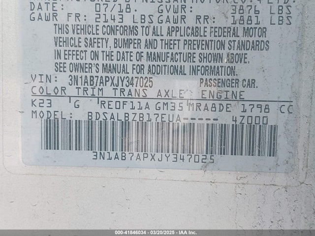3N1AB7APXJY347025 Nissan SENTRA S