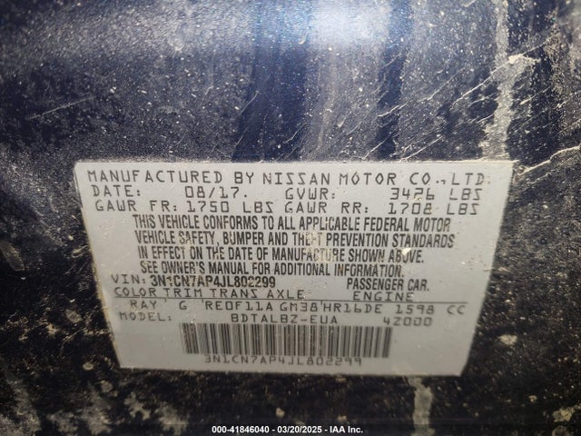 3N1CN7AP4JL802299 Nissan Versa 1.6 Sv