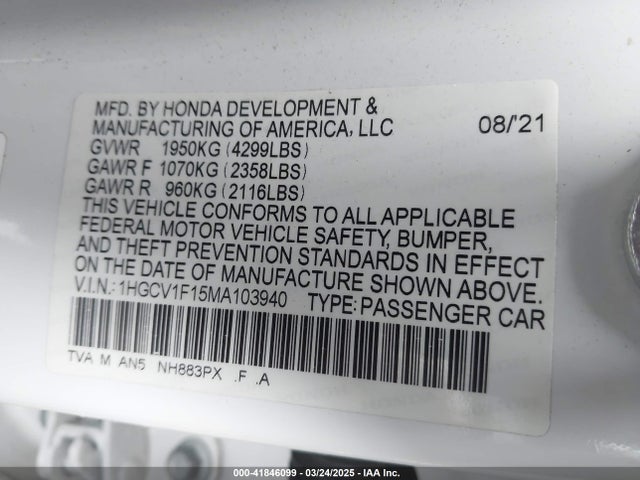 1HGCV1F15MA103940 Honda ACCORD LX