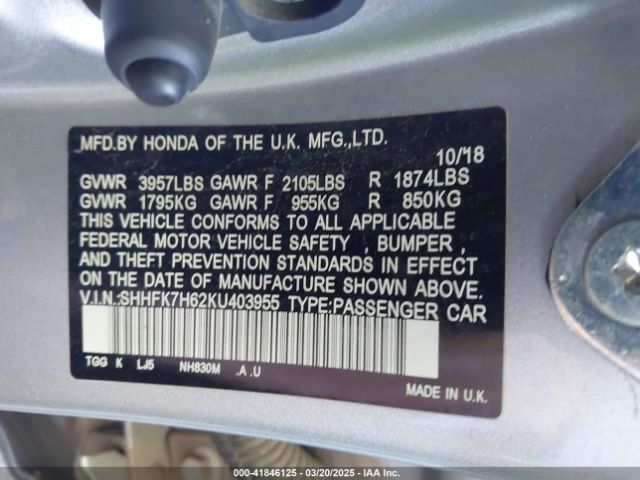 SHHFK7H62KU403955 Honda CIVIC EX