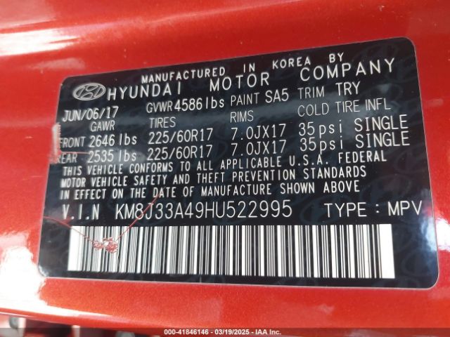 KM8J33A49HU522995 Hyundai Tucson Se Plus