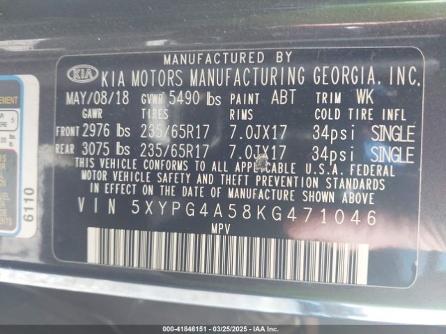 5XYPG4A58KG471046 KIA Sorento 3.3l Lx