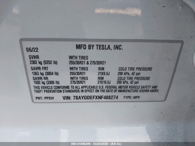 7SAYGDEFXNF488274 Tesla 2022