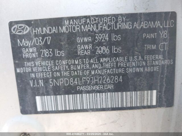 5NPD84LF9JH226284 Hyundai ELANTRA SEL