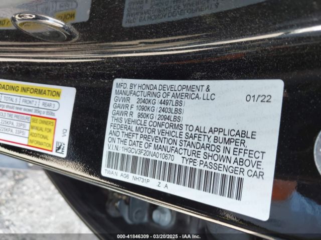 1HGCV3F20NA010670 Honda Accord Hybrid Sport