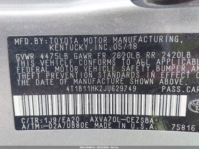 4T1B11HK2JU629749 Toyota CAMRY SE