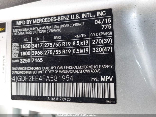 4JGDF2EE4FA581954 Mercedes-Benz Gl 350 Bluetec 4matic