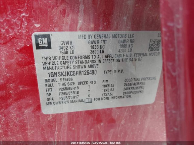 1GNSKJKC5FR126480 Chevrolet l83 - vvt, active fuel management, aluminum