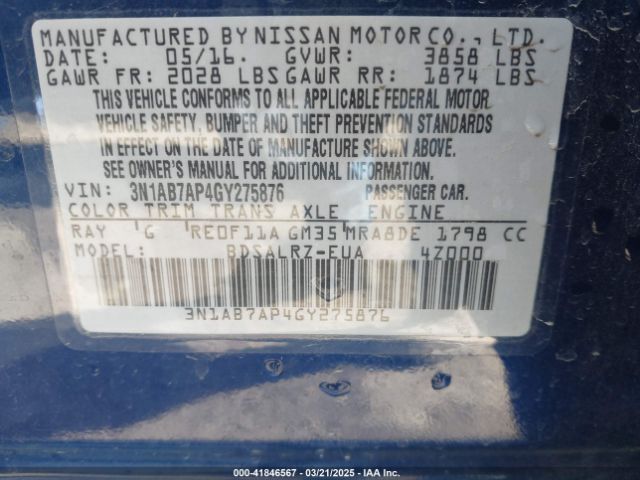 3N1AB7AP4GY275876 Nissan Sentra Fe+ S/s/sl/sr/sv