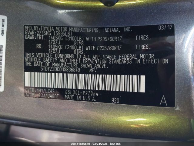 5TDYZ3DC0HS836849 Toyota Sienna Xle 8 Passenger
