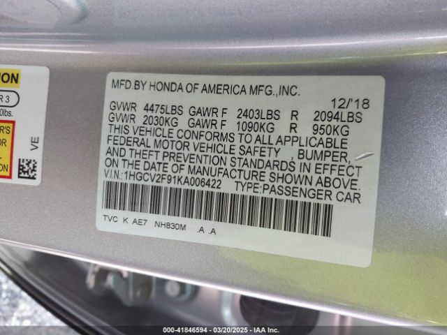 1HGCV2F91KA006422 Honda Accord Touring 2.0t