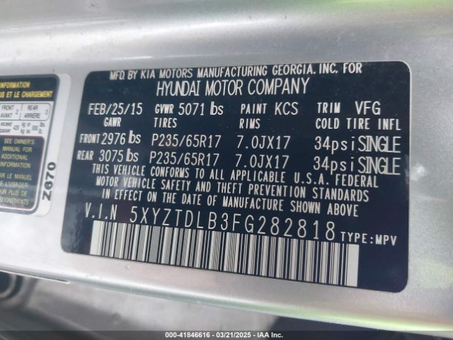 5XYZTDLB3FG282818 Hyundai Santa Fe Sport 2.4l