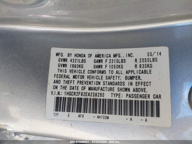 2014 Honda Accord Ex-l მანქანა იყიდება აუქციონზე, vin: 1HGCR2F82EA228290, აუქციონის ნომერი: 41846663