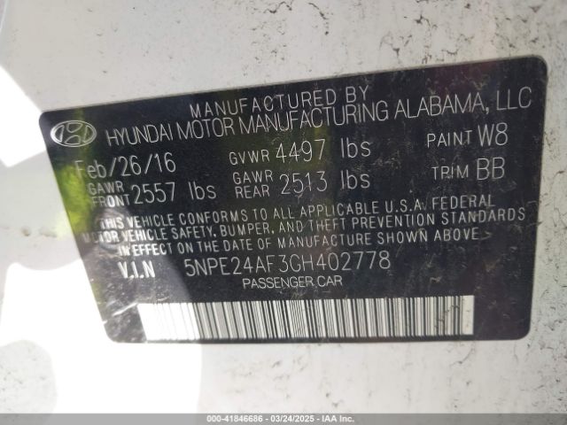 5NPE24AF3GH402778 Hyundai SONATA SE