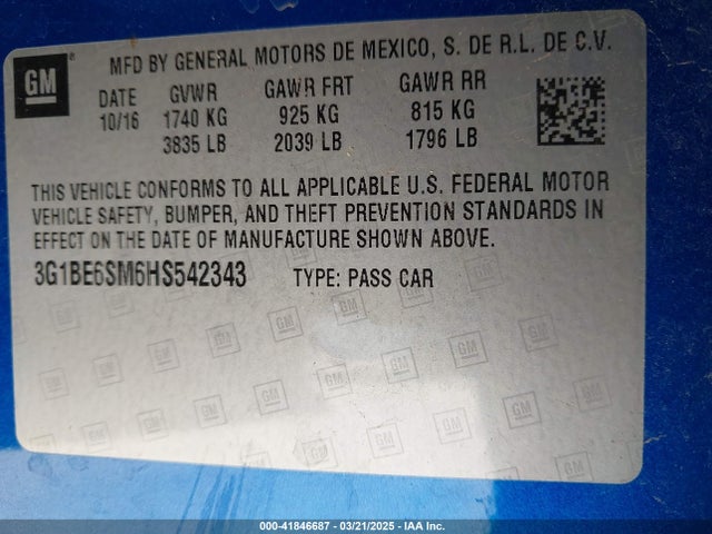 3G1BE6SM6HS542343 Chevrolet Cruze Lt Auto