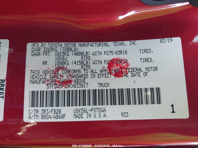 5TFDW5F15KX833817 Toyota Tundra Sr5 5.7l V8