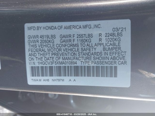 1HGCV3F5XMA010894 Honda Accord Hybrid Ex-l