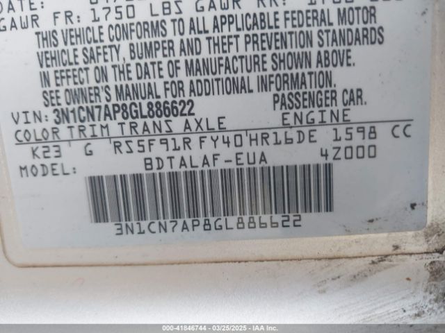 3N1CN7AP8GL886622 Nissan Versa 1.6 S