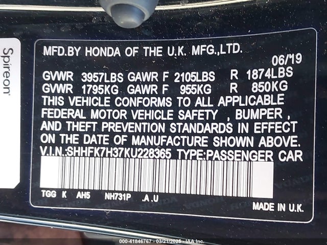 SHHFK7H37KU228365 Honda Civic Lx