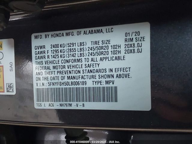 5FNYF8H50LB006189 Honda Passport Awd Ex-l