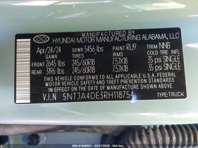 5NTJA4DE3RH118754 Hyundai Santa Cruz Se