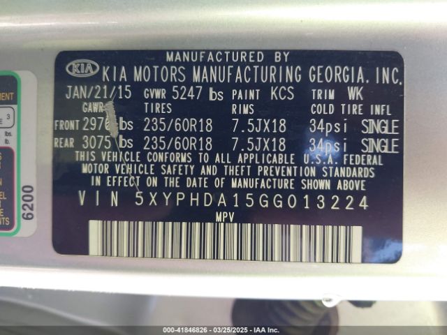5XYPHDA15GG013224 KIA Sorento 2.0t Ex