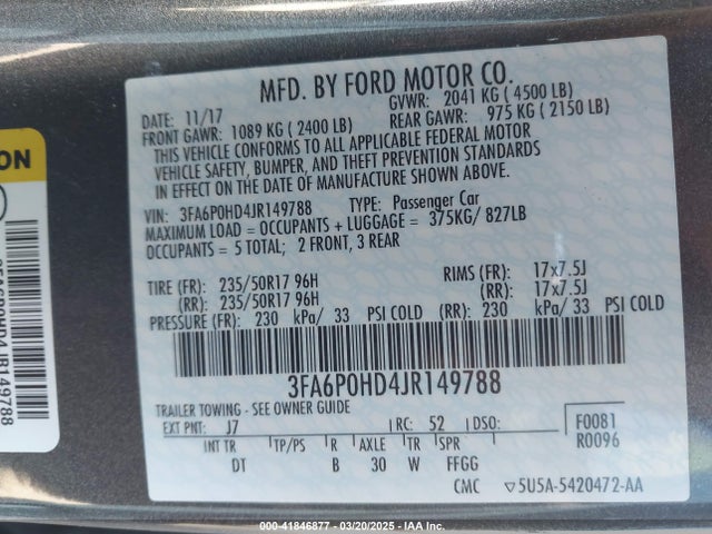 Ford FUSION SE 2018 3FA6P0HD4JR149788 Image 9