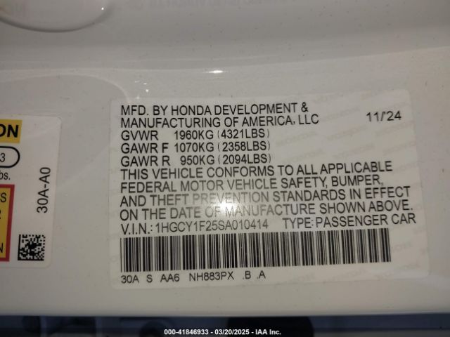 1HGCY1F25SA010414 Honda ACCORD LX