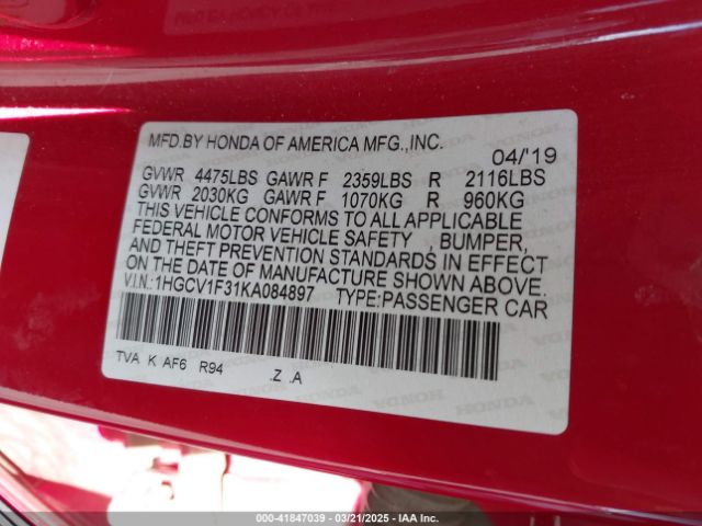 1HGCV1F31KA084897 Honda Accord Sport