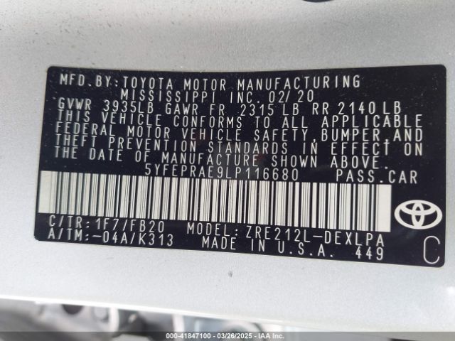 5YFEPRAE9LP116680 Toyota COROLLA LE