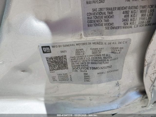 3GCUYDET0MG321252 Chevrolet Silverado 1500 4wd  Short Bed Lt