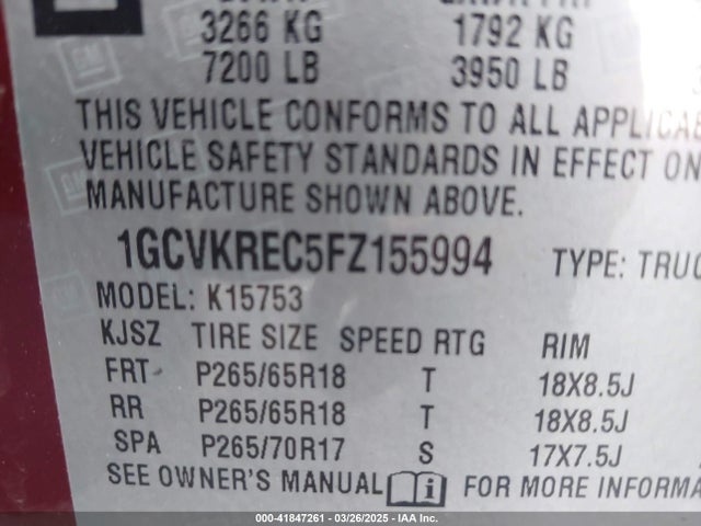 1GCVKREC5FZ155994 Chevrolet Silverado 1500 2lt