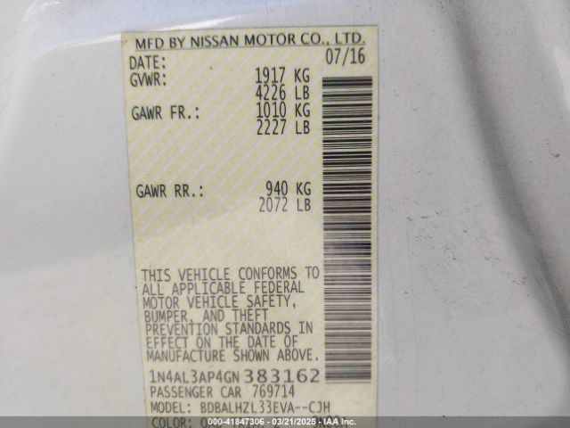 1N4AL3AP4GN383162 Nissan Altima 2.5 Sr