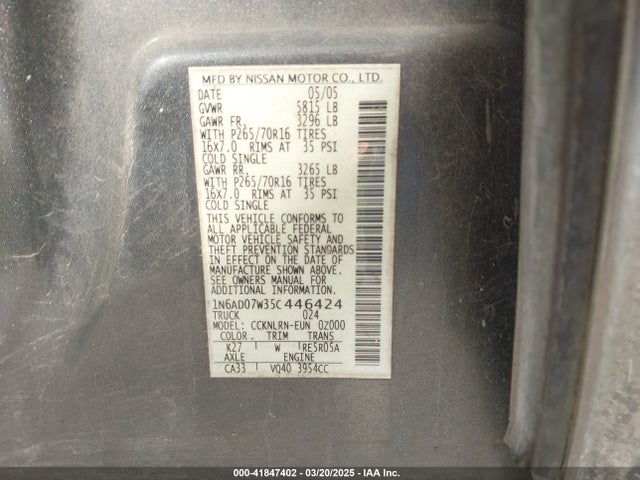 Продажа на аукционе авто 2005 Nissan Frontier Se, vin: 1N6AD07W35C446424, номер лота: 41847402