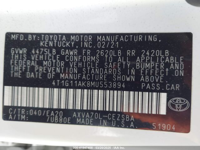 4T1G11AK8MU553894 Toyota CAMRY SE