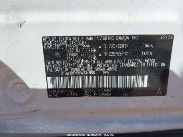 2T3W1RFV5MW134986 Toyota Rav4 Xle