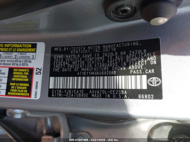 4T1B11HK6KU692080 Toyota CAMRY SE