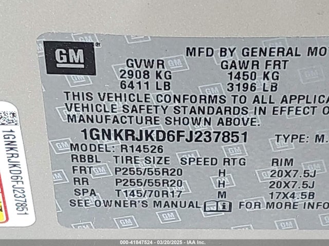 1GNKRJKD6FJ237851 Chevrolet Traverse Ltz