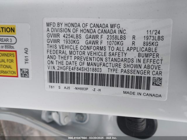 2HGFE4F84SH318803 Honda Civic  Hybrid Sport/sport Touring