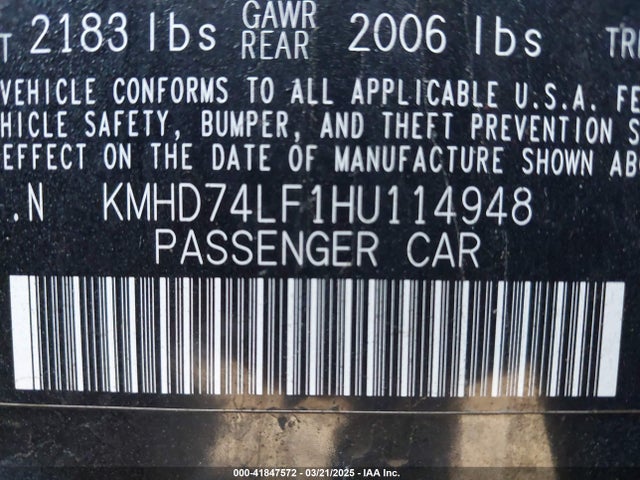 KMHD74LF1HU114948 Hyundai ELANTRA SE