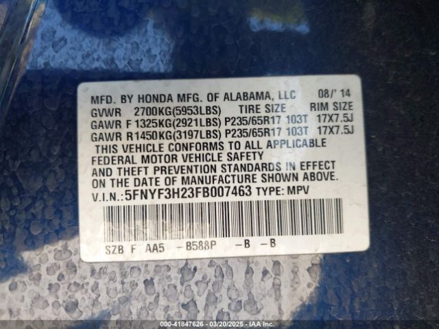 5FNYF3H23FB007463 Honda PILOT LX