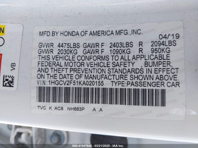 1HGCV2F51KA020155 Honda Accord Ex-l 2.0t