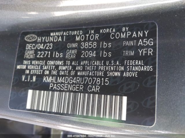 KMHLM4DG4RU707815 Hyundai ELANTRA SEL