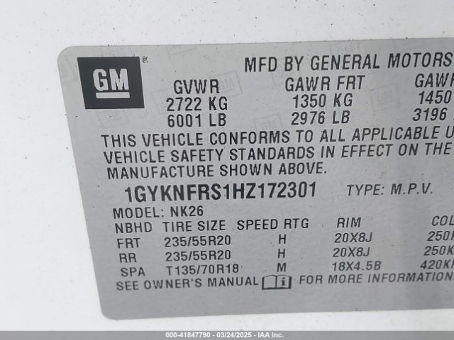 1GYKNFRS1HZ172301 Cadillac Xt5 Platinum