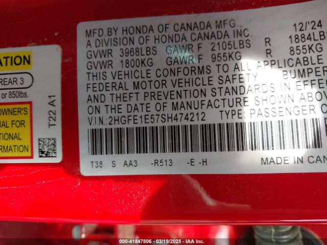 2HGFE1E57SH474212 Honda Civic Si Base W/high Performance Summer Tires/