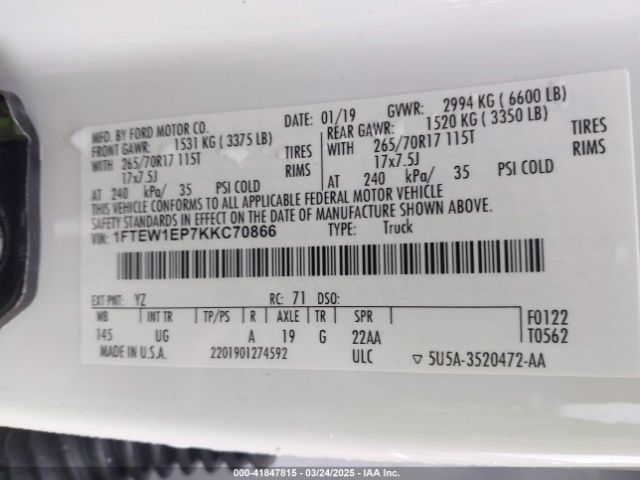 1FTEW1EP7KKC70866 Ford F-150 Xlt