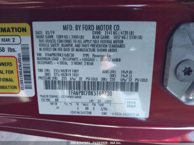 1FA6P8CF8K5168730 Ford Mustang Gt Premium