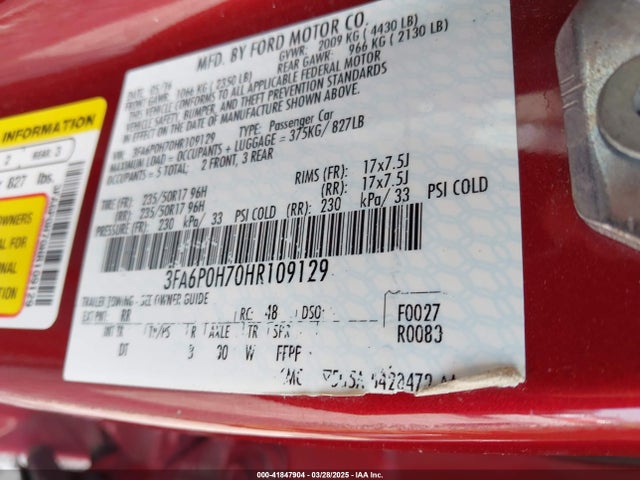 Ford FUSION SE 2017 3FA6P0H70HR109129 Image 9
