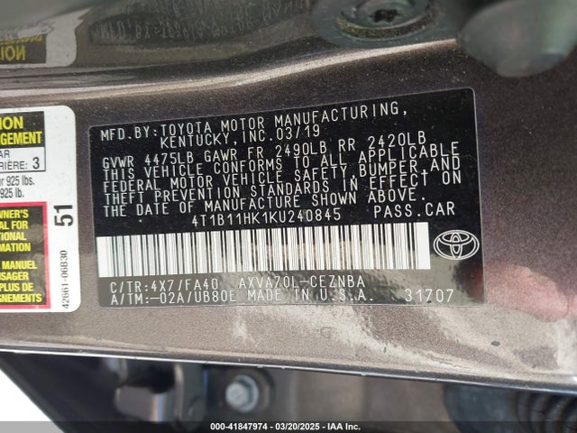 4T1B11HK1KU240845 Toyota CAMRY LE